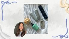 Picture of hair styling products on a white bed, on a white background with selfie of Sennen Prickett, with blue bows and cream swatches