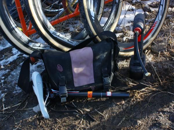 Kona team mechanic Dusty LaBarr brings spare bikes, wheels, tools, a compressor gun, and even a spare seat and post (with height pre-marked) just in case.