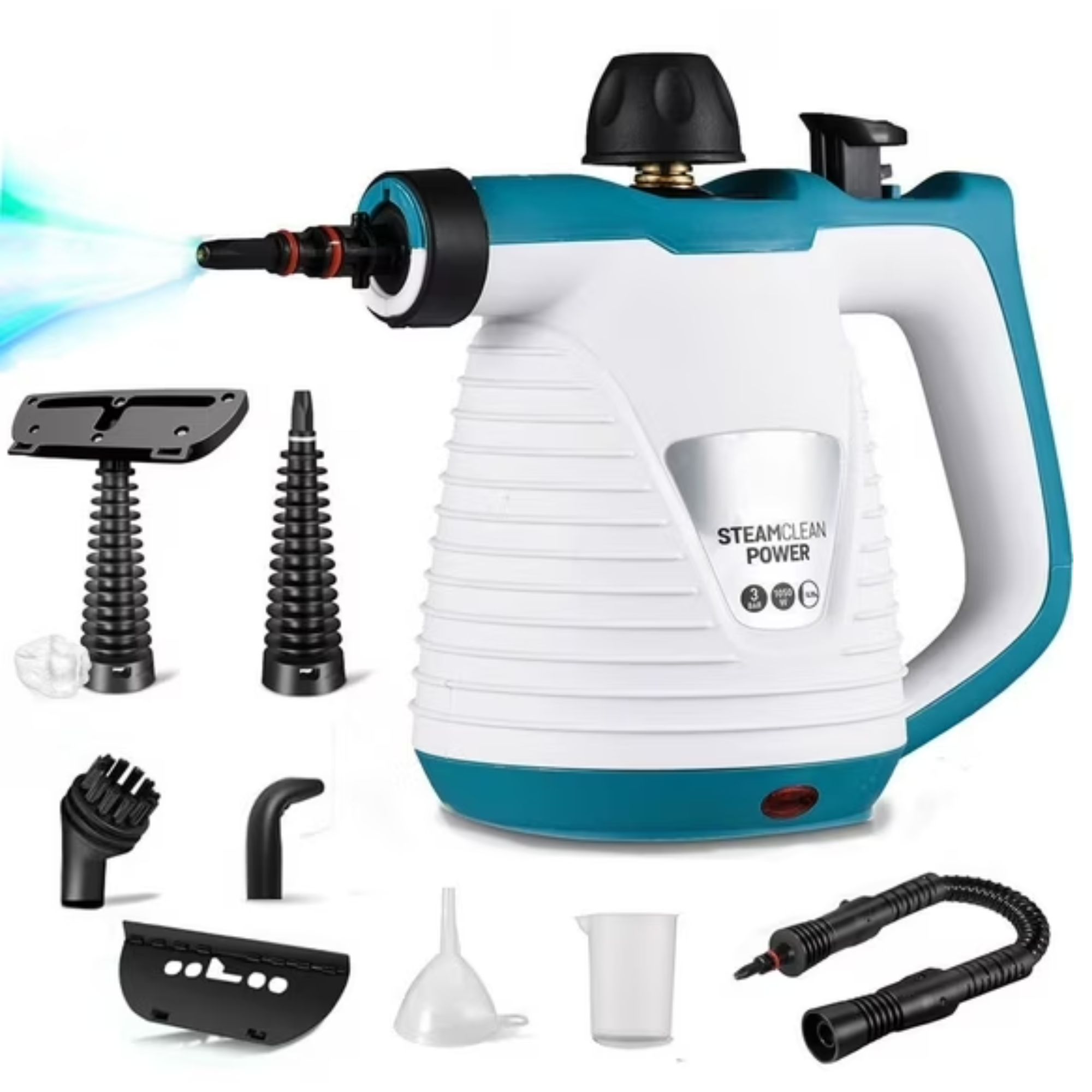 Blue and white handheld steam cleaner