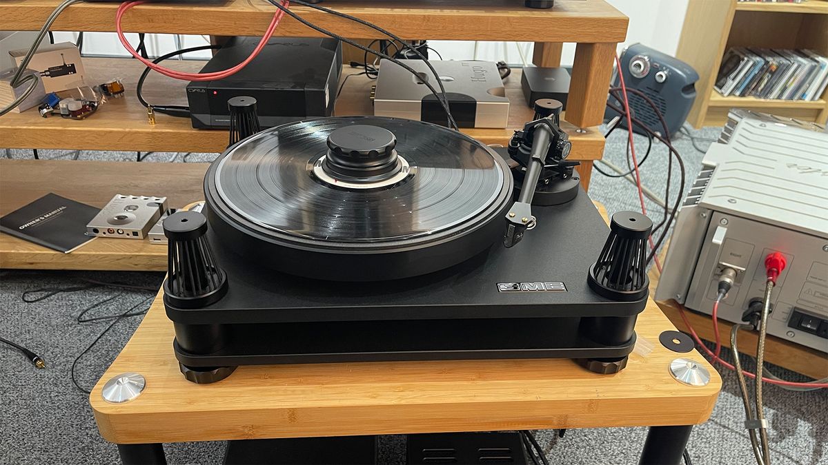 SME Model 20 Mk 2/Series V turntable from front/top on wooden hi-fi bench