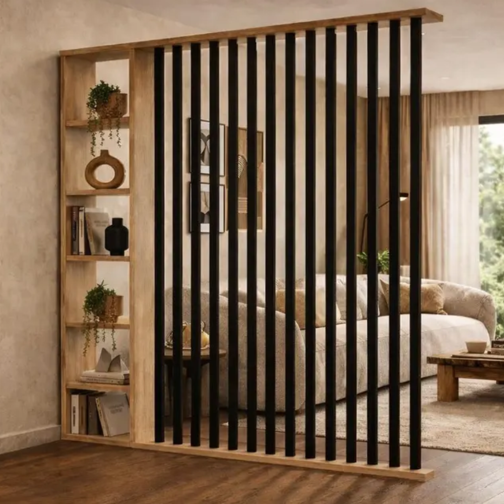 Room divider with shelves to left hand side and black vertical slats