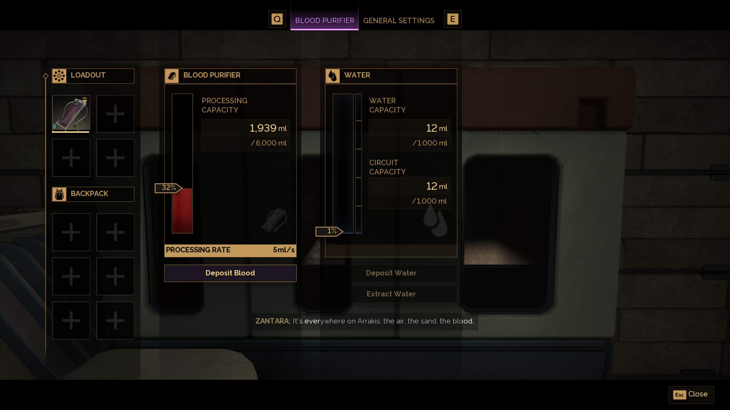 Dune: Awakening blood purifiers - The blood purifier interface as it processes blood into water.