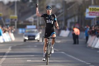 Geraint Thomas celebrates his E3 win.