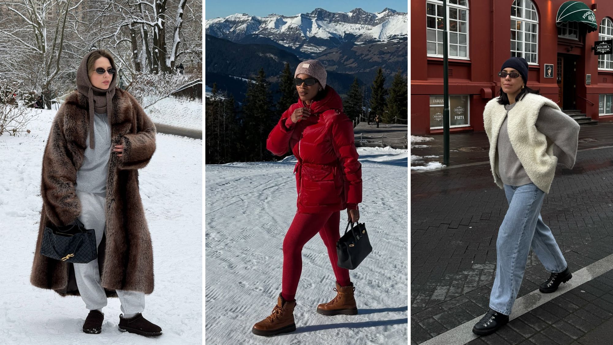 three influencers wearing pairs of the best snow boots for 2026