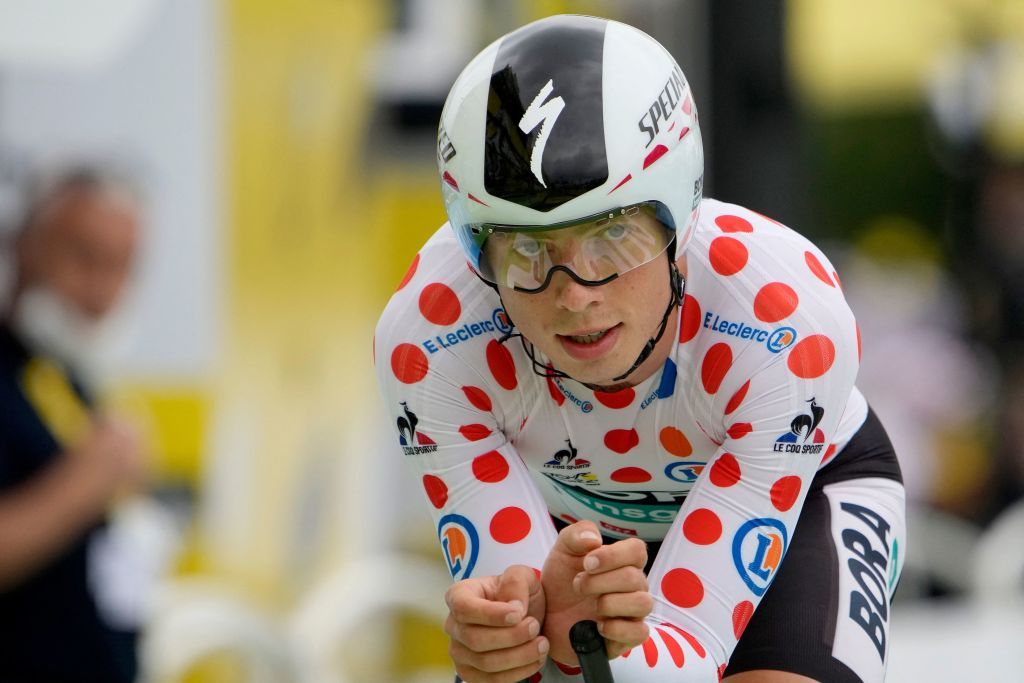 Team Bora Hansgrohes Ide Schelling of Netherlands crosses the finish line of the 5th stage of the 108th edition of the Tour de France cycling race a 27 km time trial between Change and Laval on June 30 2021 Photo by Christophe Ena POOL AFP Photo by CHRISTOPHE ENAPOOLAFP via Getty Images