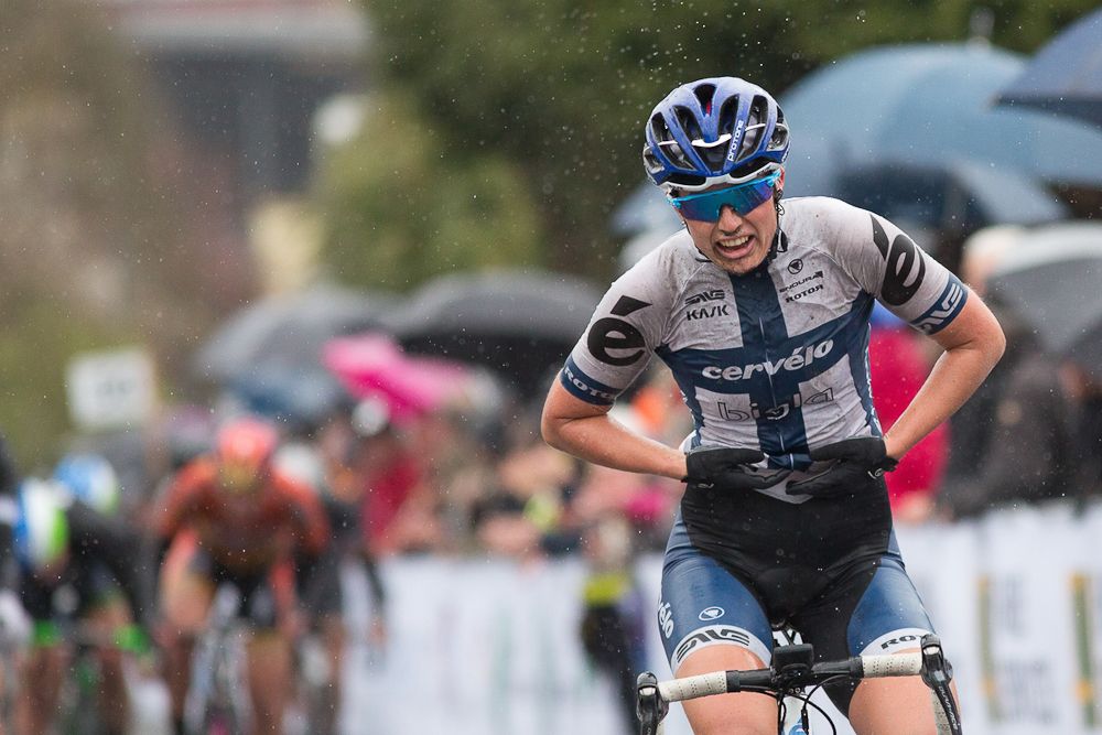 Lotta Lepist&ouml; (FIN) of Cerv&eacute;lo-Bigla Cycling Team wins the first, 106.9km road race stage of Elsy Jacobs