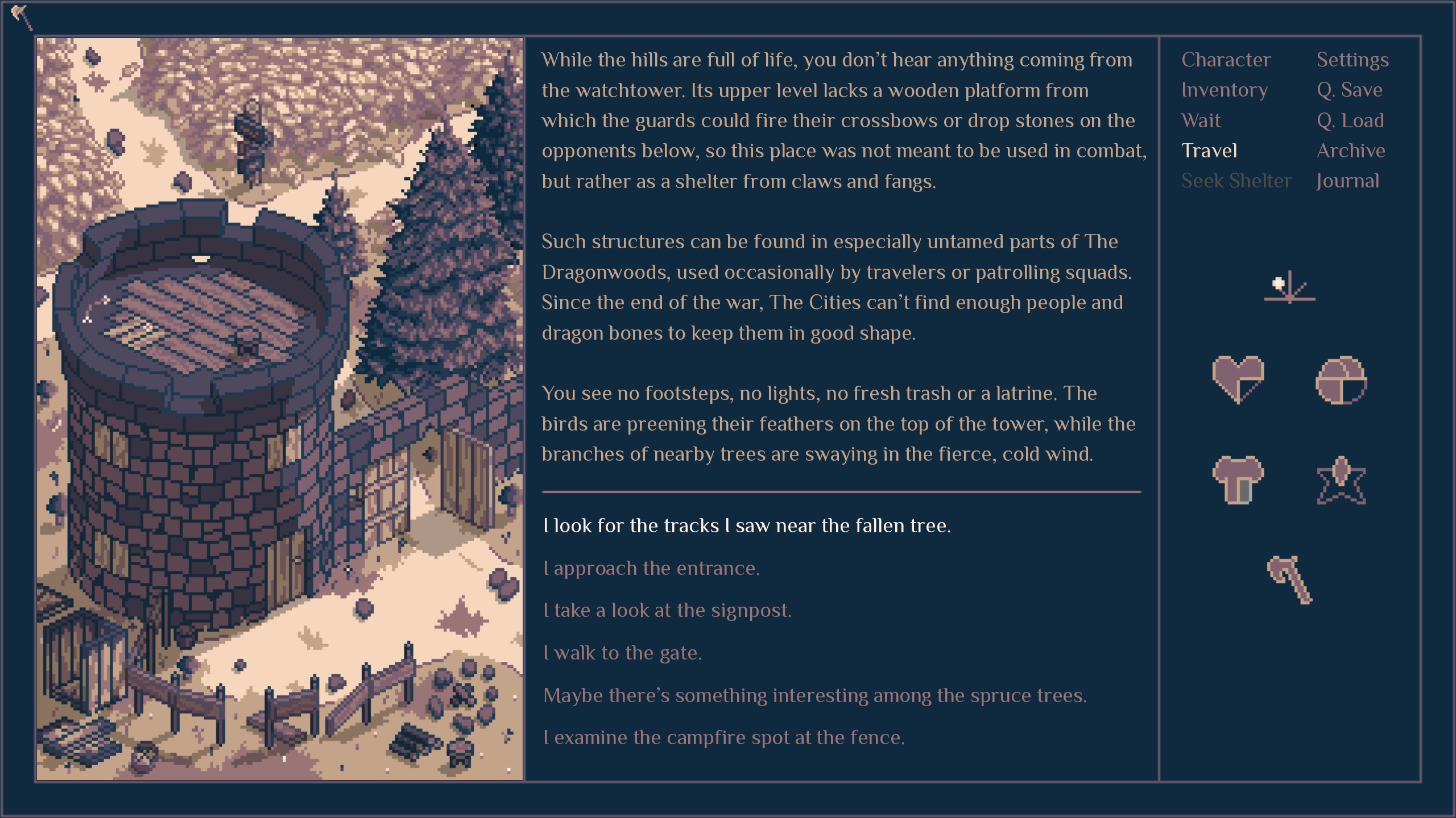 Roadwarden - An illustration of a stone tower with a description of the scene and different options with players stats in the right sidebar.