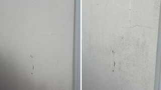 Before and after photos of cleaning a dirty exterior wall