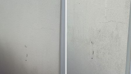 Before and after photos of cleaning a dirty exterior wall
