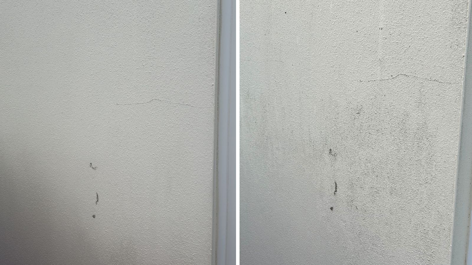 Before and after photos of cleaning a dirty exterior wall