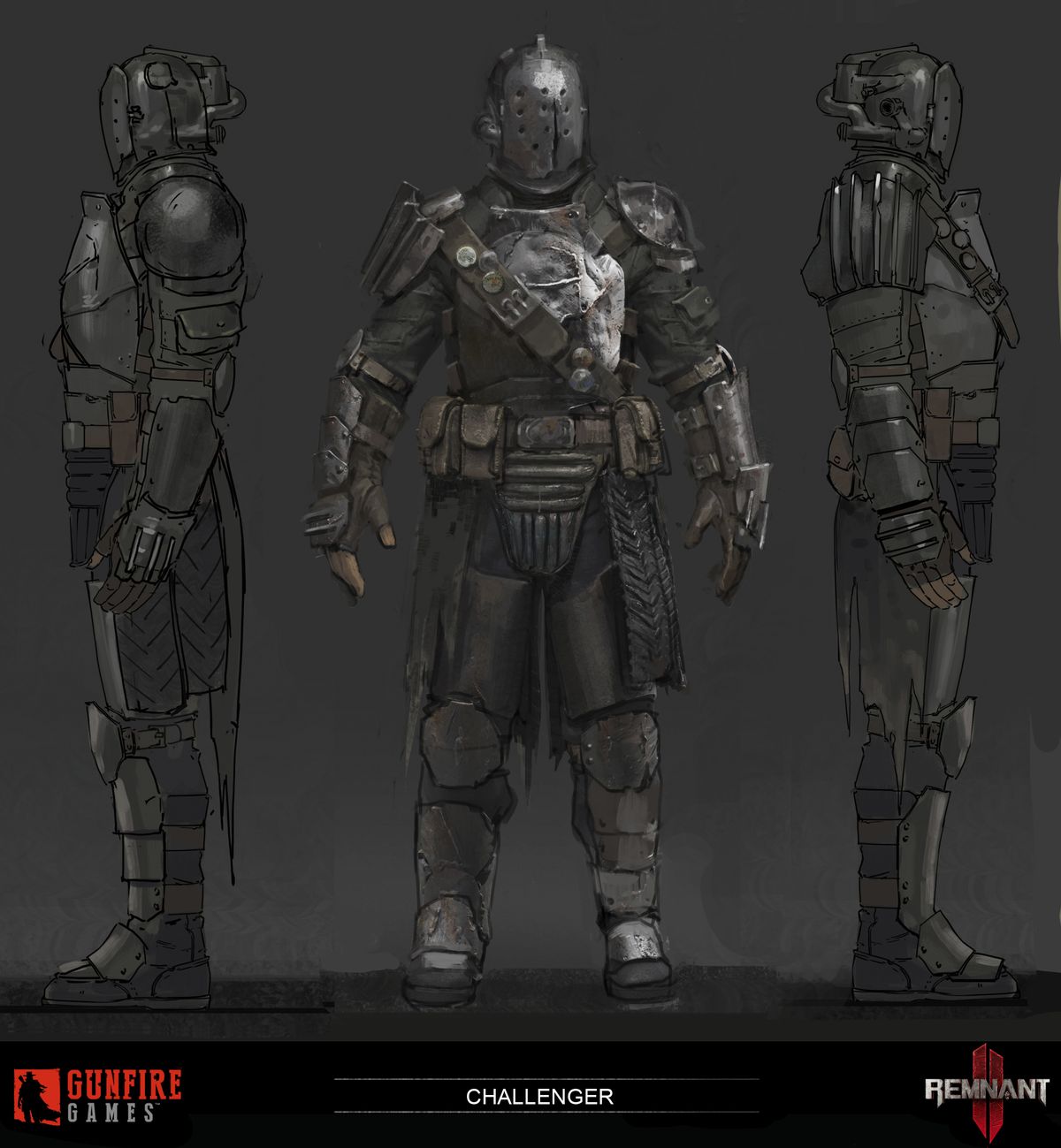 Various concept art of different class models in Remnant 2, showcasing wanderers garbed in various pieces of ramshackle, technological armour.