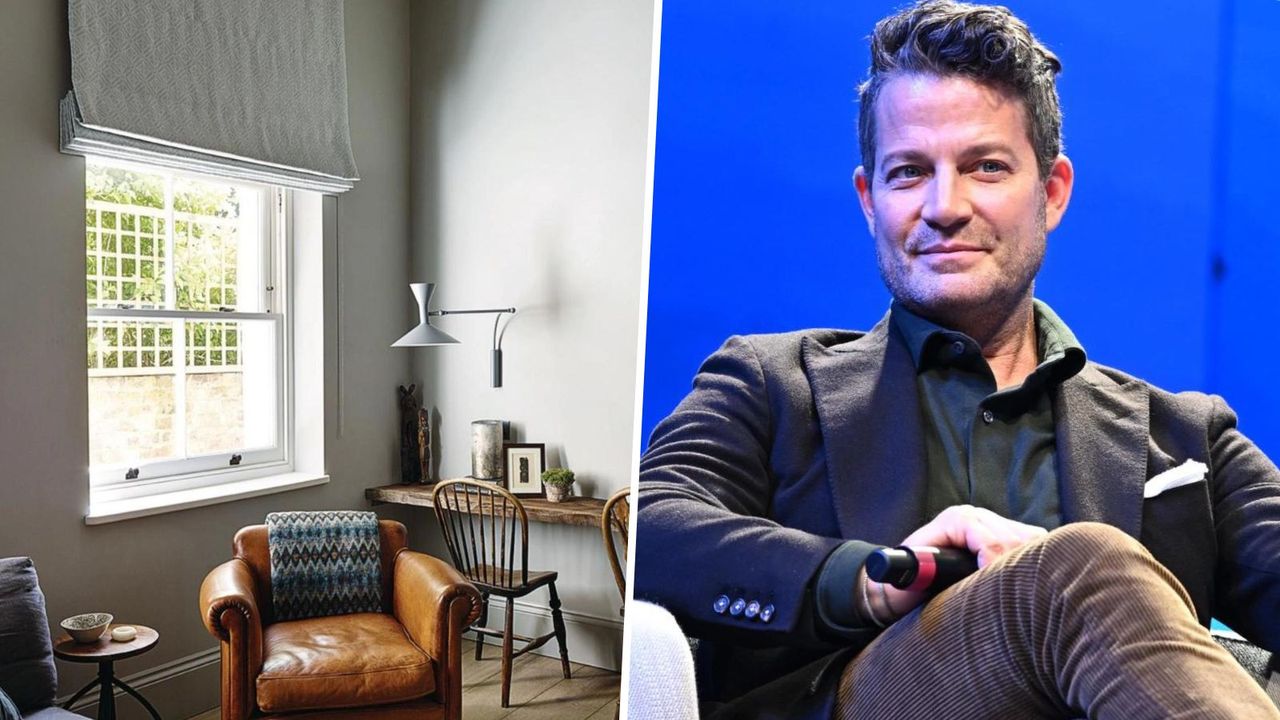 A living room with gray roman blinds next to an image of Nate Berkus