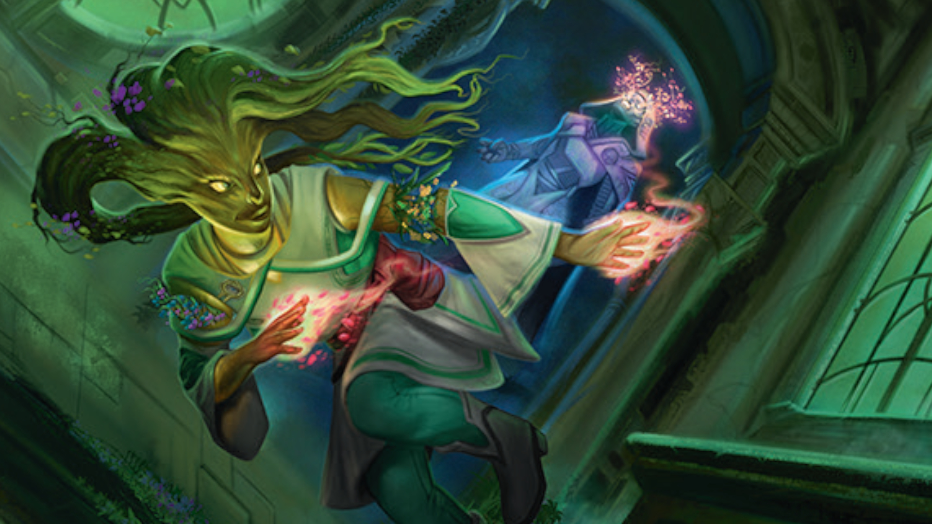 A Dryad casts a spell at a figure behind them in art from MTG Reality Fracture