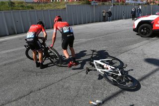 SANREMO ITALY MARCH 20 Nacer Bouhanni of France Thibault Guernalec of France and Team Arkea Samsic during the 112th MilanoSanremo 2021 a 299km race from Milano to Sanremo Mechanical Problem Wheel Teamwork MilanoSanremo La Classicissima UCIWT on March 20 2021 in Sanremo Italy Photo by Tim de WaeleGetty Images