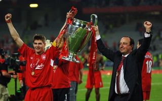 Steven Gerrard and Rafael Benitez hold the Champions League trophy aloft
