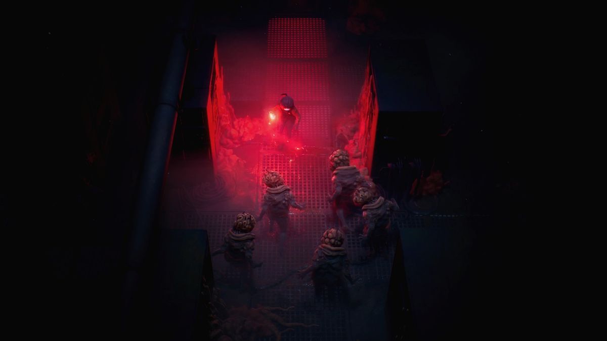 The player lights up a dark hallway with a red flare in End of Abyss as five zombies advance towards them in the narrow space