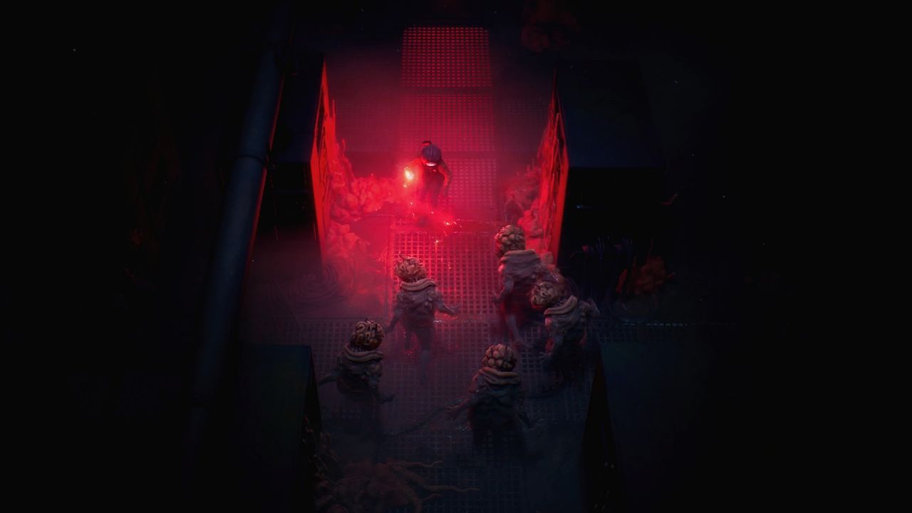The player lights up a dark hallway with a red flare in End of Abyss as five zombies advance towards them in the narrow space