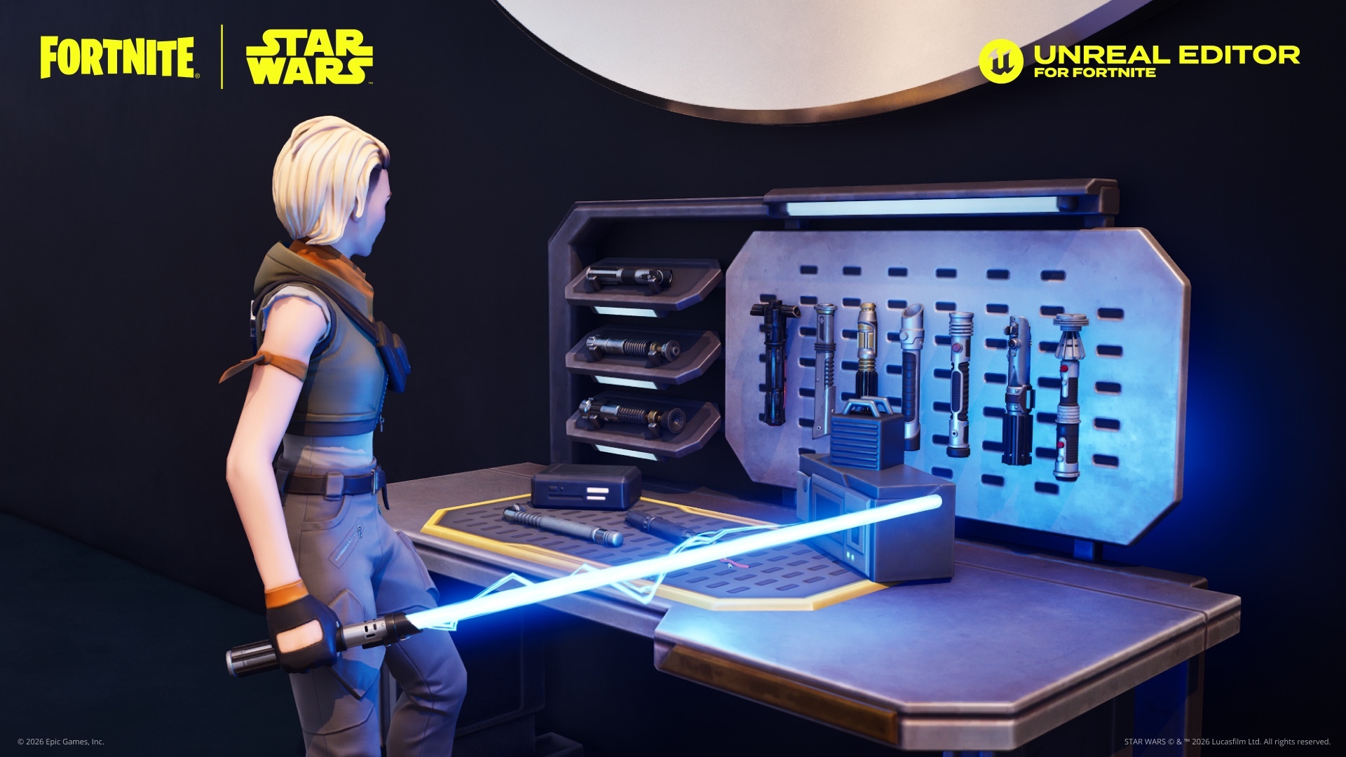 Epic Games Star Wars toolkit image of a Fortnite character with a lightsaber