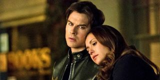 Ian Somerhalder as Damon Salvatore and Nina Dobrev as Elena Gilbert in The Vampire Diaries.