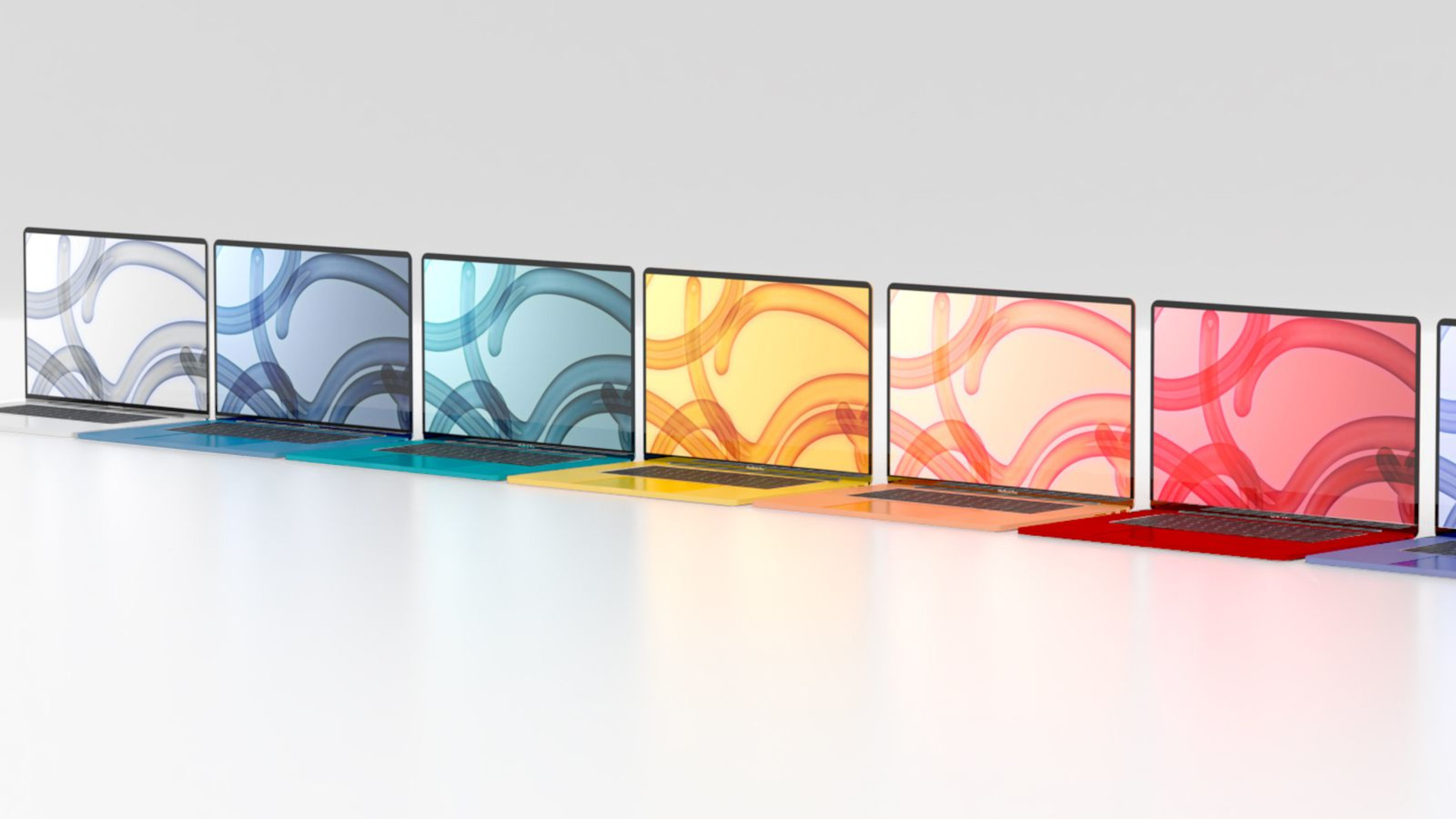 A row of colorful MacBook Air renders against a plain backdrop
