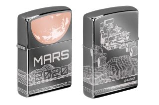 Zippo's Mars 2020 collectible lighter features a gold plated Mars and laser engraved wireframe of the Perseverance rover.