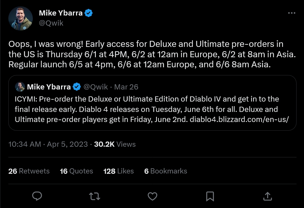Blizzard president Mike Ybarra tweets the Diablo 4 unlock times