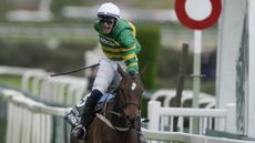 Image shows racehorse I Am Maximus crossing the finish line in the 2024 Randox Grand National at Aintree. Jockey Paul Townend, wearing a white cap and green and gold silks, cheers with delight.