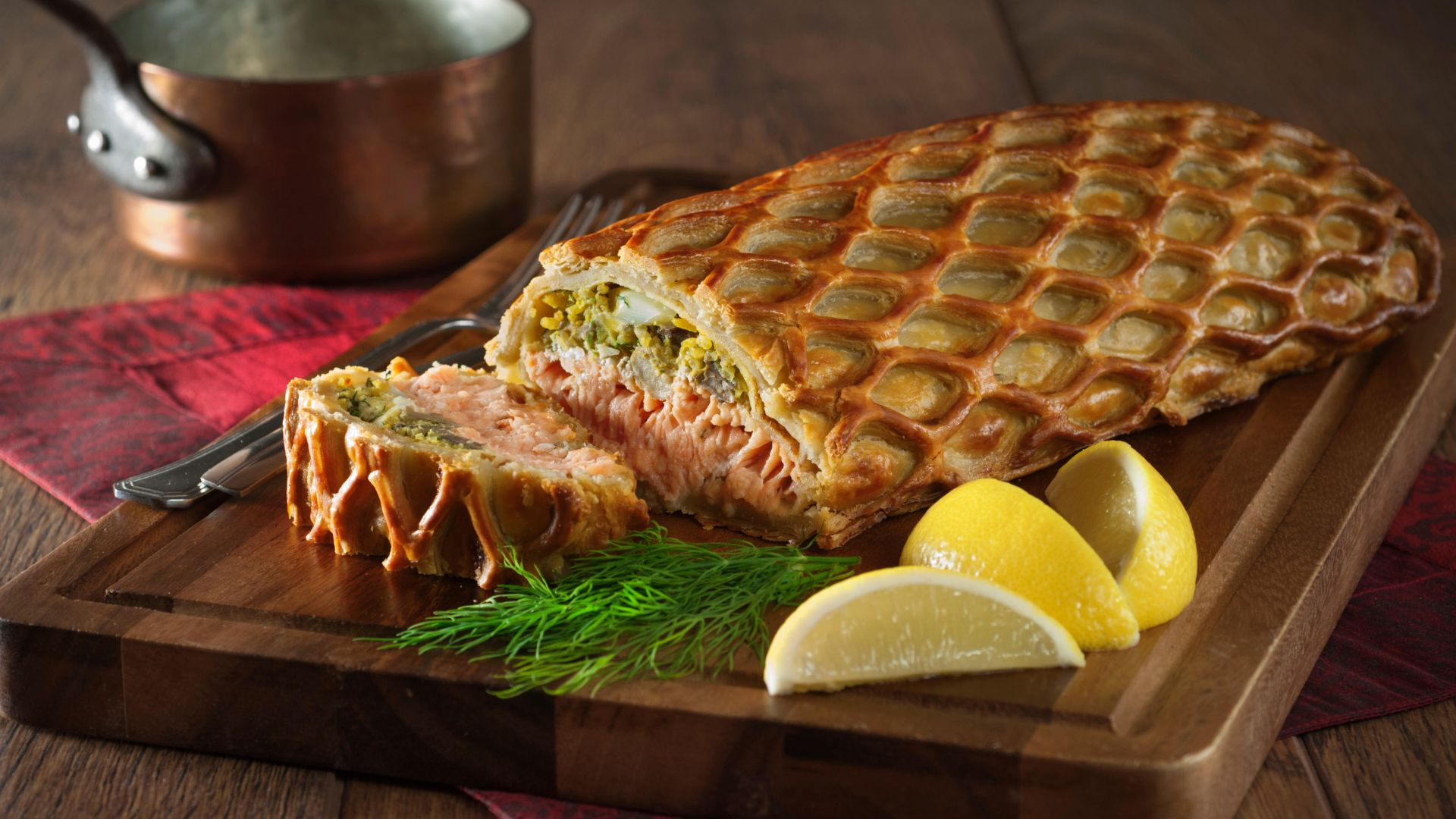 A freshly cooked Salmon coulibiac