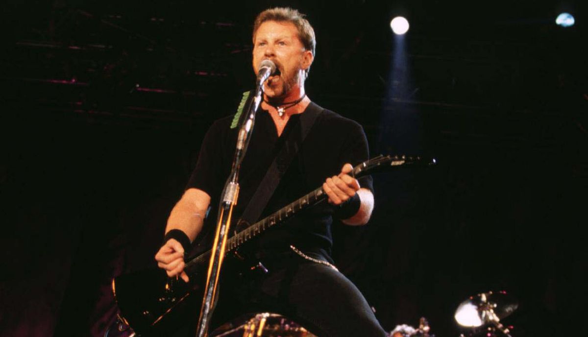 James Hetfield performs onstage with Metallica at Downing Stadium in Randall&#039;s Island, New York City, in 1996