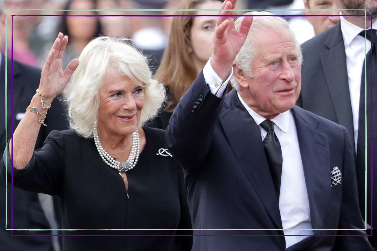 King Charles and Camilla Queen Consort wave at public