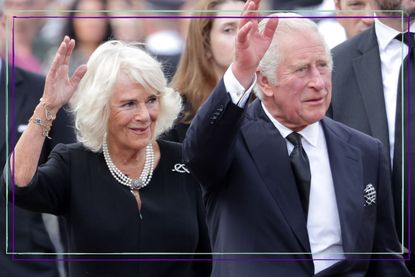 King Charles and Camilla Queen Consort wave at public