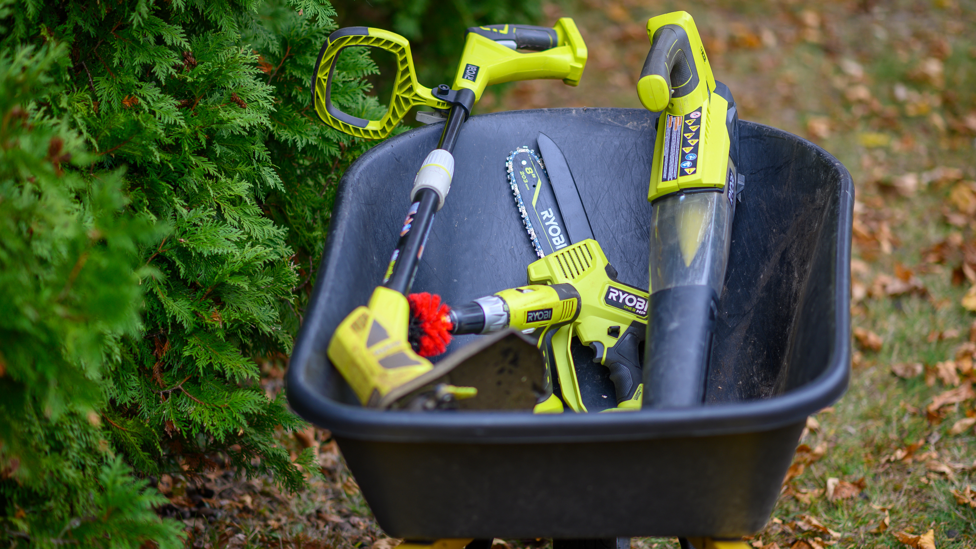 Ryobi tools in a wheelbarrow