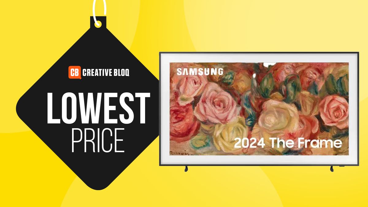 The text, &#039;lowest price&#039; sits next to a press shot of the Samsung Frame TV, all on a yellow background. 