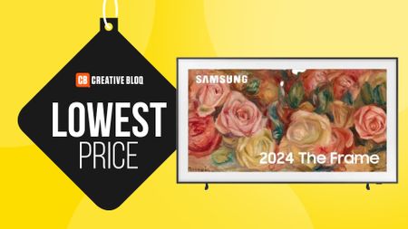 The text, 'lowest price' sits next to a press shot of the Samsung Frame TV, all on a yellow background. 