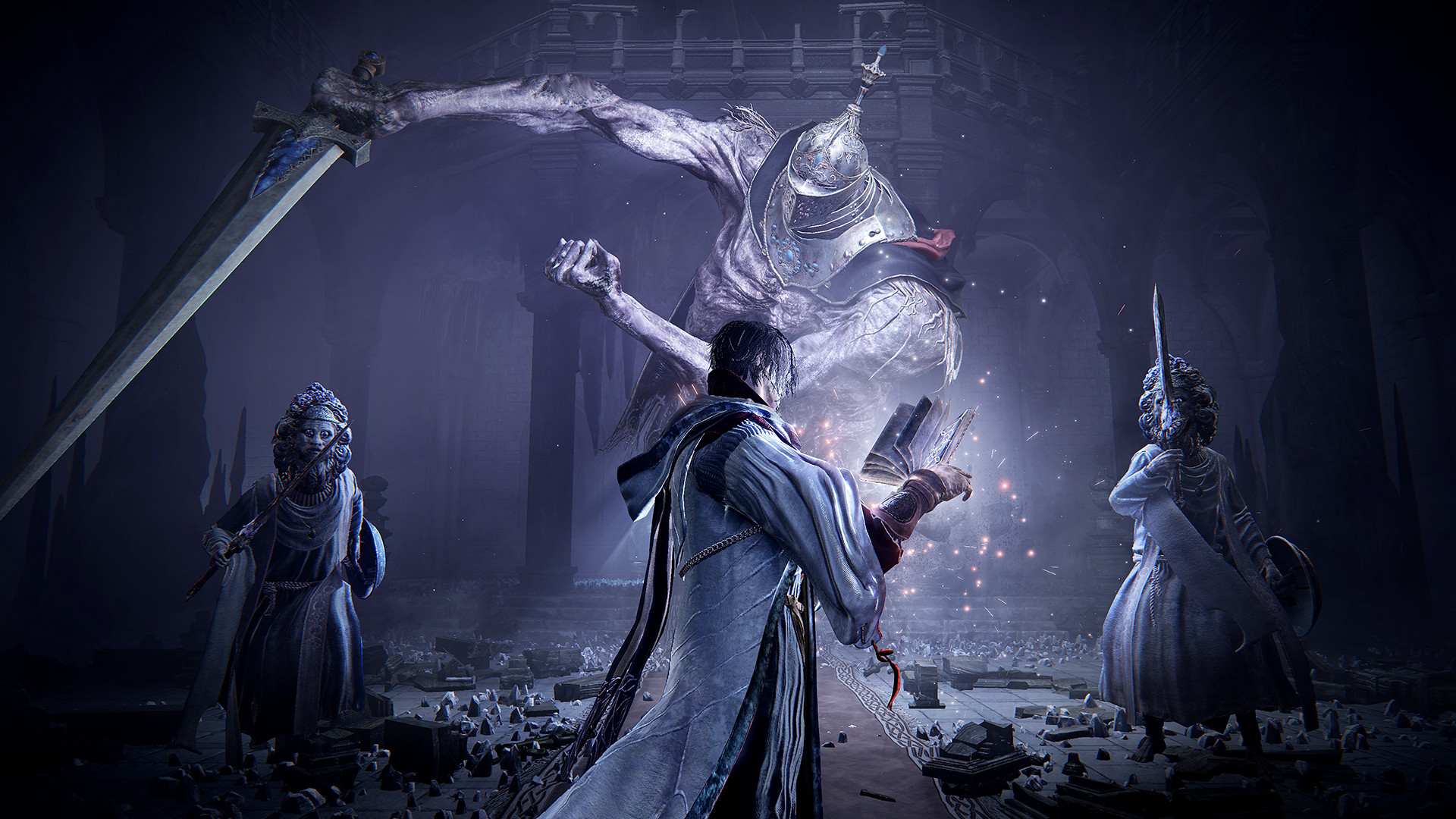 A screenshot of Elden Ring Nightreign The Forsaken Hollows. A man in white robes holds a glowing tome as he faces off against two wizards and a giant wielding a sword.