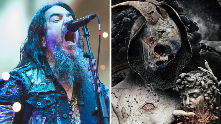 Robb Flynn performing live with Machine Head in 2024, next to the new Machine Head album