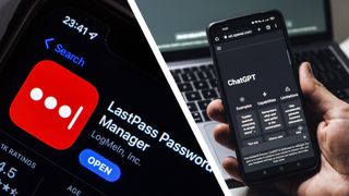 A phone showing Lastpass in the App Store and a hand holding a phone showing the ChatGPT app