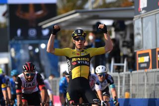 LIDO DI CAMAIORE ITALY MARCH 10 Arrival Wout Van Aert of Belgium and Team Jumbo Visma Celebration Fernando Gaviria Rendon of Colombia and UAE Team Emirates during the 56th TirrenoAdriatico 2021 Stage 1 a 156km stage from Lido di Camaiore to Lido di Camaiore TirrenoAdriatico on March 10 2021 in Lido di Camaiore Italy Photo by Tim de WaeleGetty Images