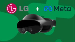 Meta Quest pro headset on a green background with the Meta and LG logos above it