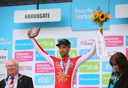 Nacer Bouhanni on the stage 2 podium at Tour de Yorkshire