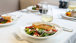 Salmon and broccoli dish onboard the Rocky Mountaineer.