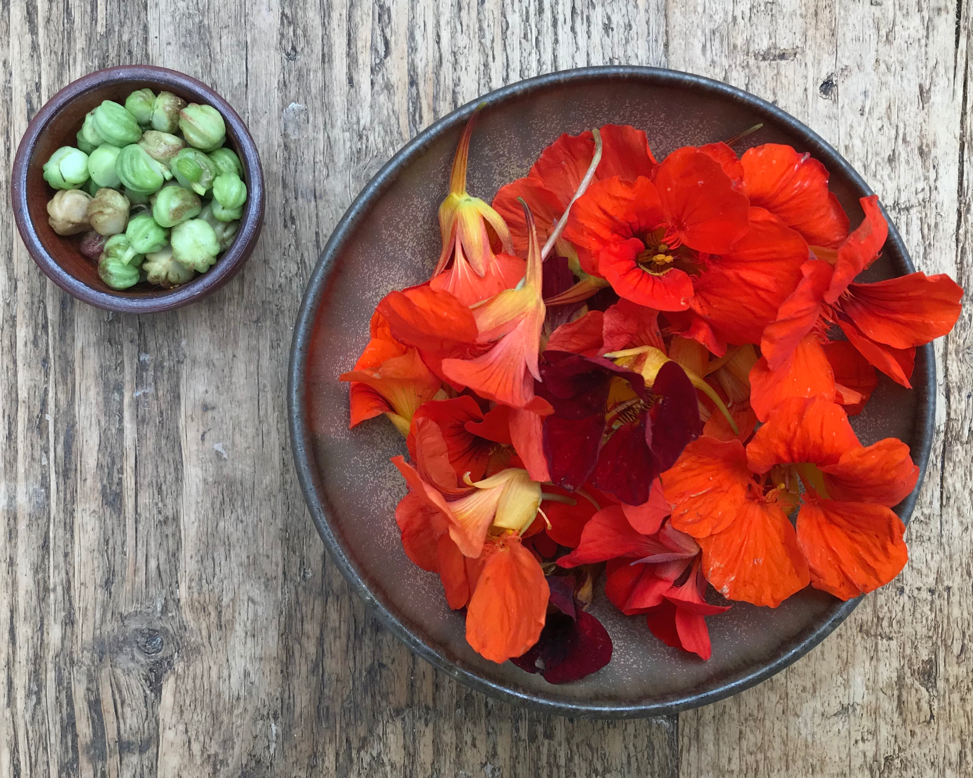 edible nasturtium flowers and seeds in bowls