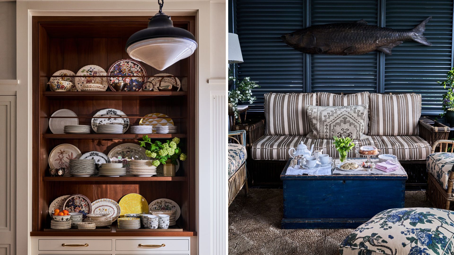 Two images showing a dresser filled with vintage china on the left and a seating area with a coffee table topped with an afternoon tea set and cake on the right