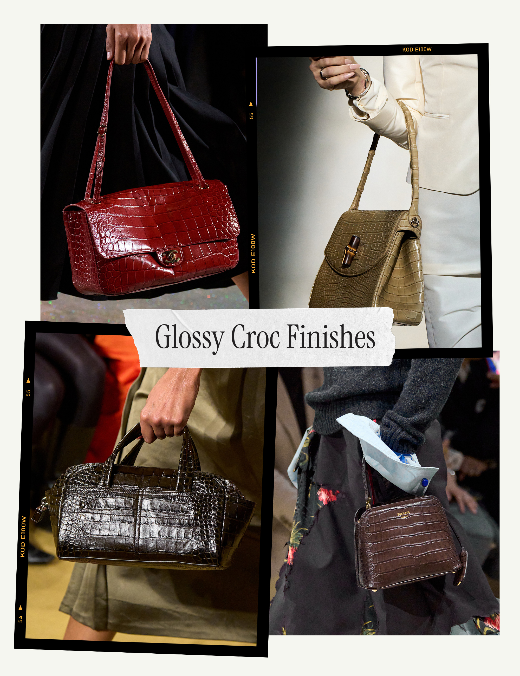 a collage of detail runway images featuring the handbag trends of fall/winter 2026