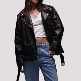 flat lay image of woman wearing biker jacket