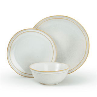 Famiware Aegean 12-Piece Stoneware Dinnerware Set, Plates and Bowls Set for 4, Cappuccino White