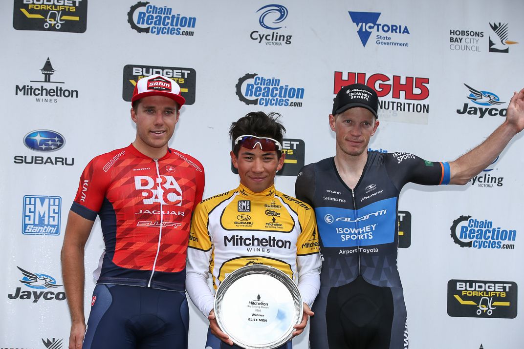The overall men's podium in the Mitchelton Bay Cycling Classic