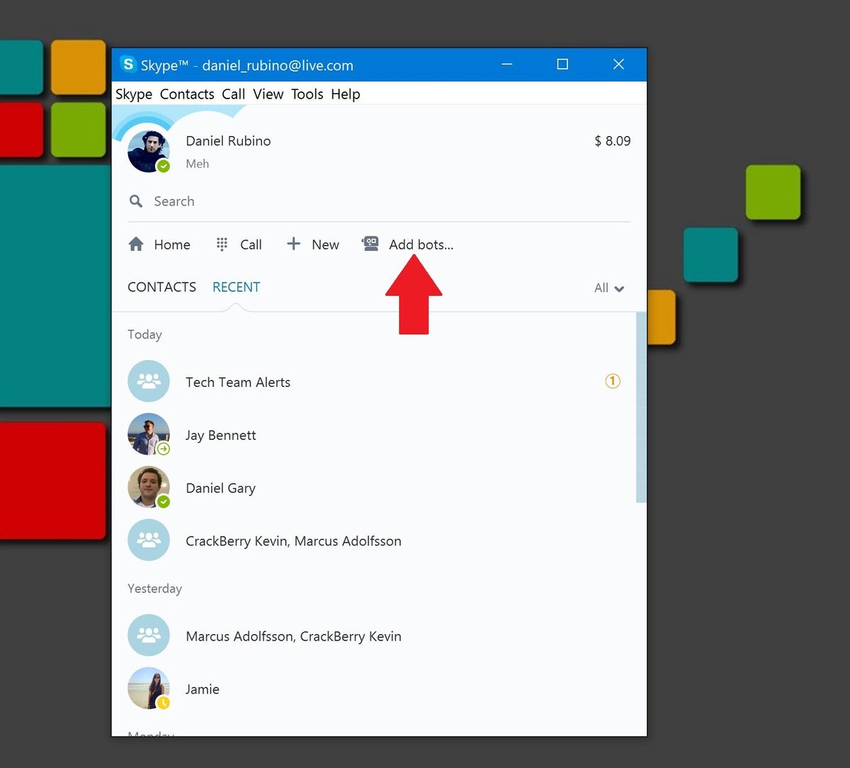 Add Skype Bots to Contacts