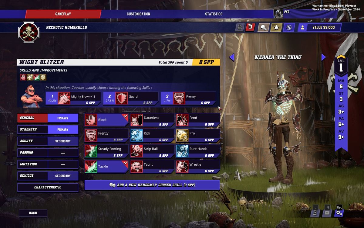 A menu screen from the Warhammer: Blood Bowl playtest beta