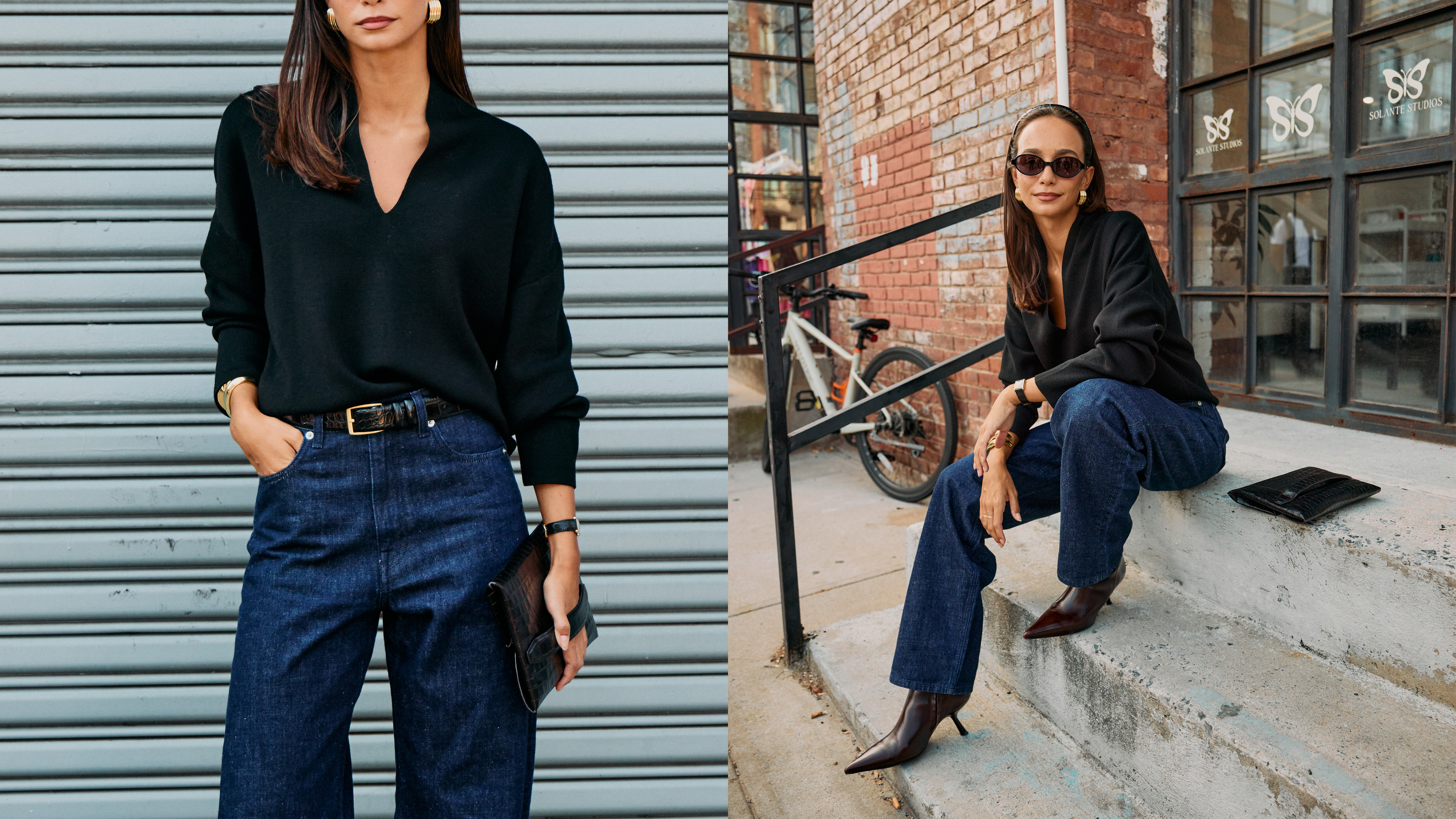 Woman in dark-wash jeans and black button-down. 